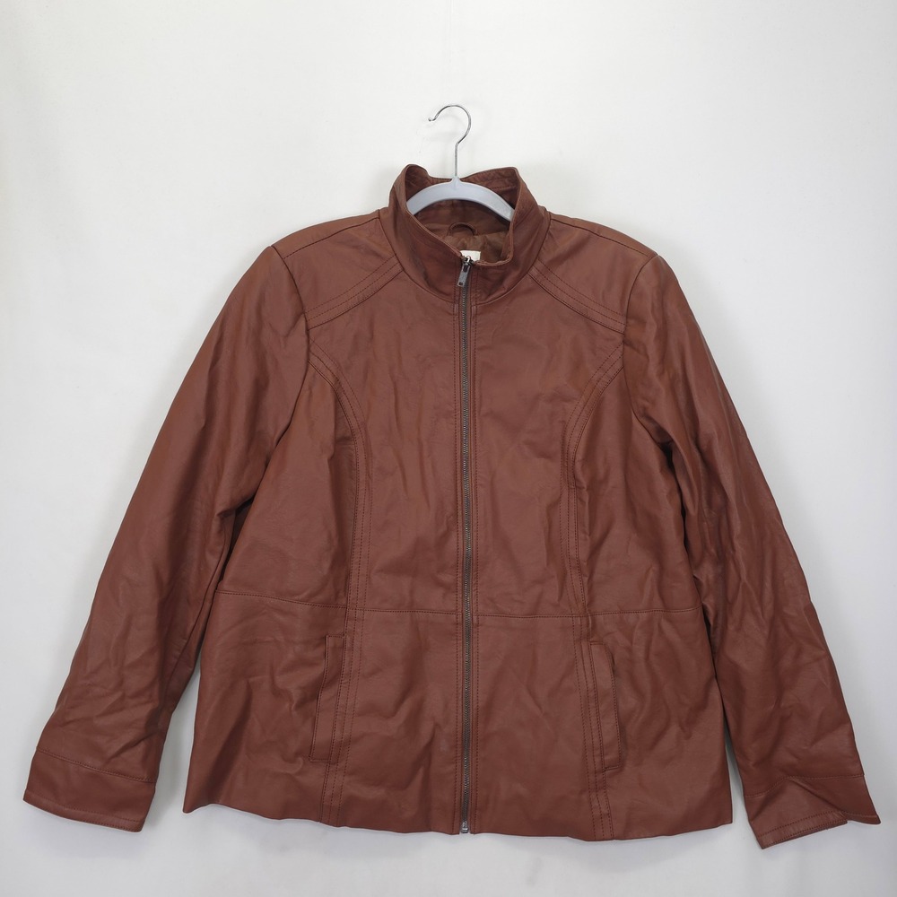 Denim & Co Faux Leather Jacket Brown Zip‎ Front Lined Moto Style Women's XL